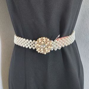 Adj Stretch Pearl Belt with Gold Crystal Buckle